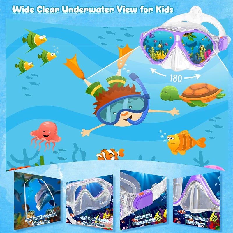 Seovediary Kids Snorkel Set, Mask Fins Snorkeling Gear for Kids Anti-Fog Swim Goggles 180 Panoramic View Dry Top Snorkel and Dive Flippers Combo with Travel Bag for Snorkeling Training Swimming Diving - Image 2